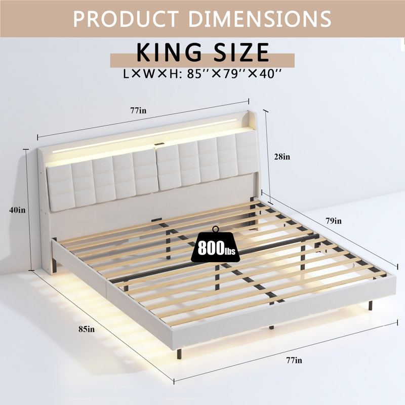 Upholstered Platform Bed Frame With Headboard - Floating Design, Built-In LED Lights, USB Charging Station & Hidden Storage.