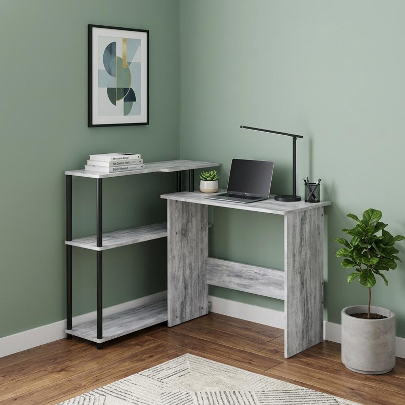 Bureau d'écriture en L Gibson avec tablette latérale à 3 niveaux, Blanc