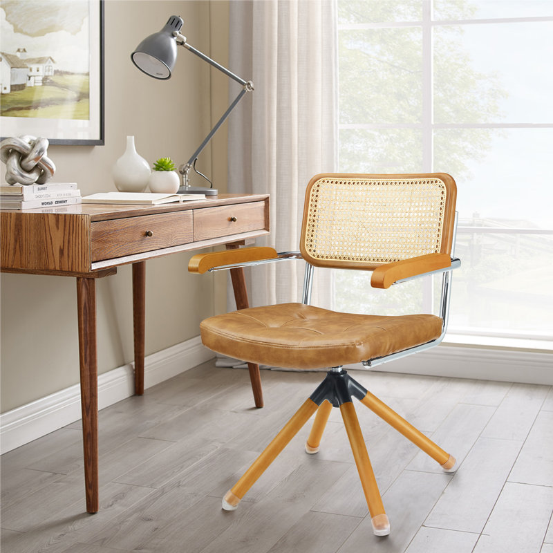 Bonneau Mid-Century Modern Faux Leather Swivel Home Office Task Chair with Rattan Back, Brown