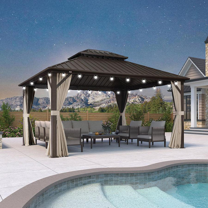 Aluminum Patio Hardtop Bronze Gazebo With Light, 79.10" H x 155.51" W x 131.88" D
