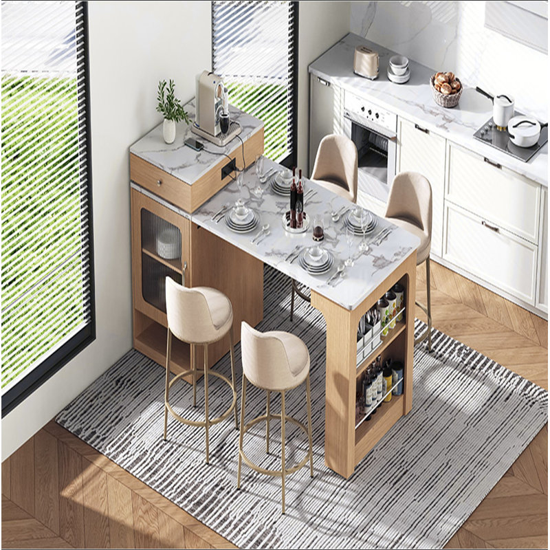 59.5"Kitchen Island with Extendable Dining Table, Kitchen Storage Table with Double-sided Storage, Kitchen Island with 2 Drawers, Power Outlet, Side Open Shelves, for Kitchen, Dining Room