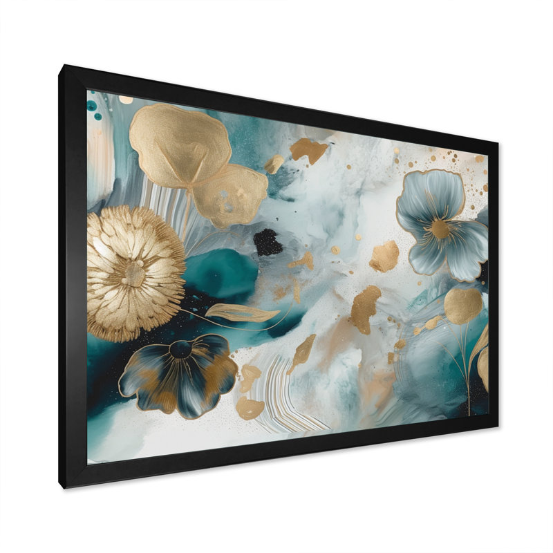 «Blue and Gold Exploration Floral Forms I», reproduction d'art sur toile florale abstraite, H 16 po x l 32 po x P 1 po
