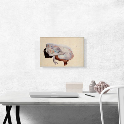 «Crouching Nude in Shoes and Black Basings View View 1912» par Egon Schiele, reproduction d'art sur toile tendue