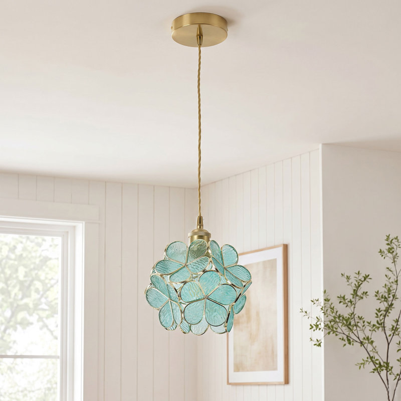 Luminaire suspendu en laiton poli 1 lumière avec abat-jour en verre texturé, Turquoise