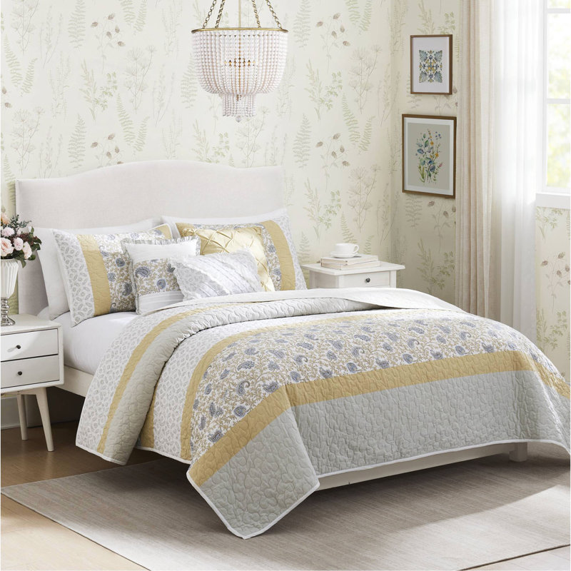 Ensemble de courtepointe en percale de coton 6 pièces avec coussins Yellow King, King Quilt + 5 Additional Pieces, Jaune