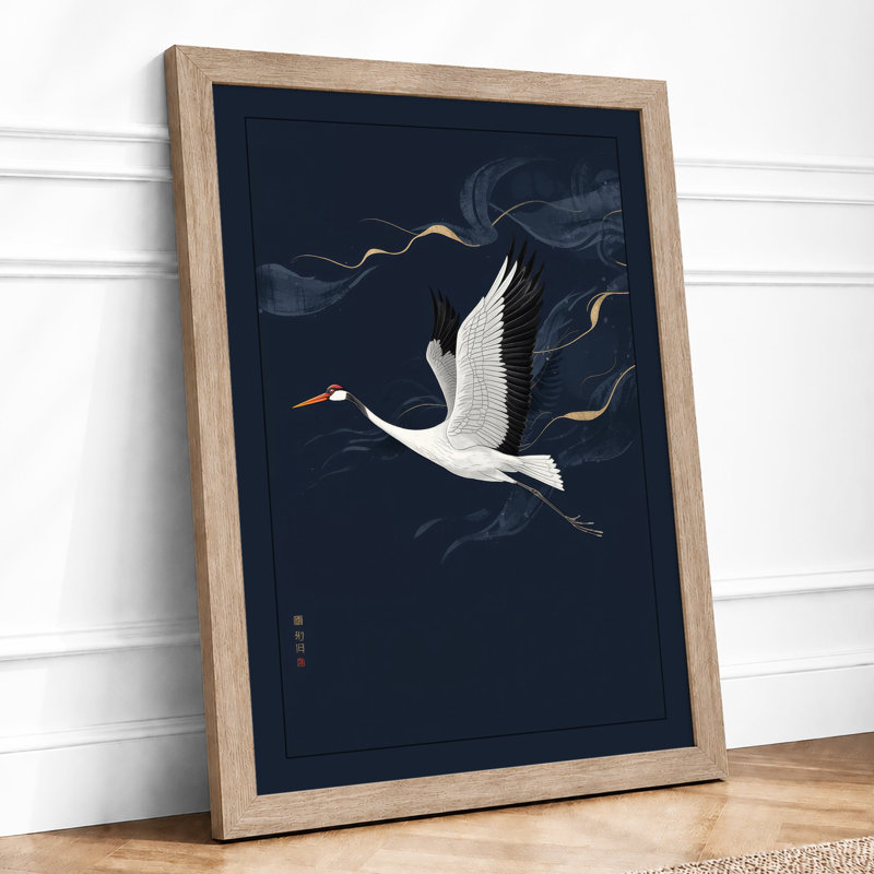 Crane in Flight Japandi - Framed Print, A4 - 29.7 x 21.0 cm, Oak