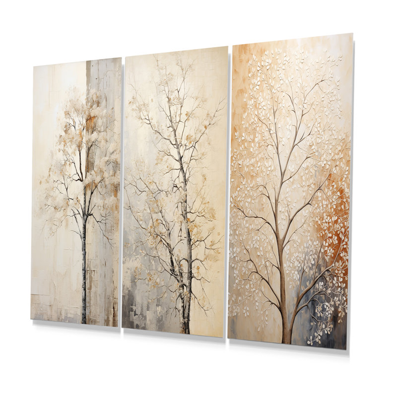 Beige Trees Oak Solitude - Tree Oak Metal Prints Set Of 3, 32" H x 48" W