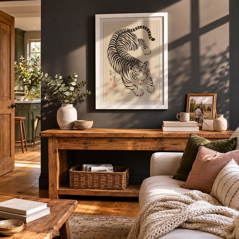 Tiger and Serpent Japandi - Framed Print, A1 - 84.1 x 59.4 cm, White
