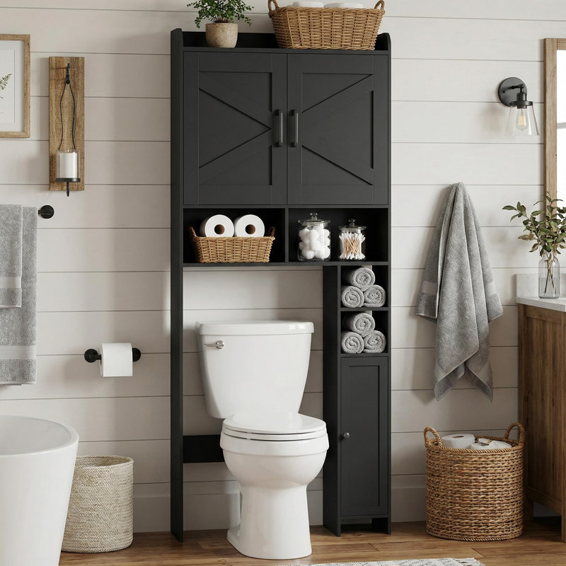 Armoire de rangement au-dessus de la toilette avec 2 portes de grange et porte-papier hygiénique, économiseur d'espace autoportant pour la salle de bain