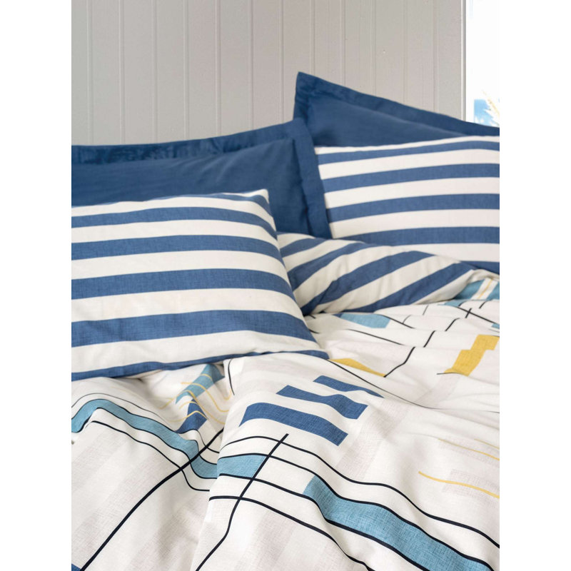 Premium Ranforce Single Quilt Cover Set, Dark Blue, 63 x 87 | 100% Cotton, 145 Thread Count | Includes 1 Pillowcase (20 x 28) & Flat Sheet (71 x 95) | Machine Washable, Elegant Reactive Printing, Durable Button Closure