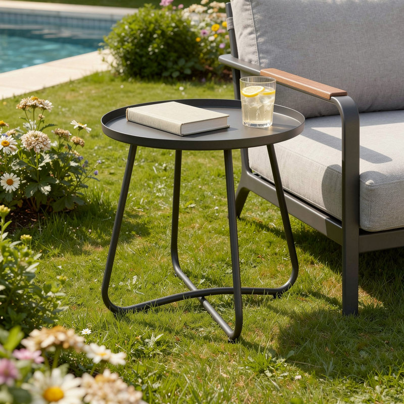 Eesaa Gray Aluminum Round Indoor Outdoor Side Table