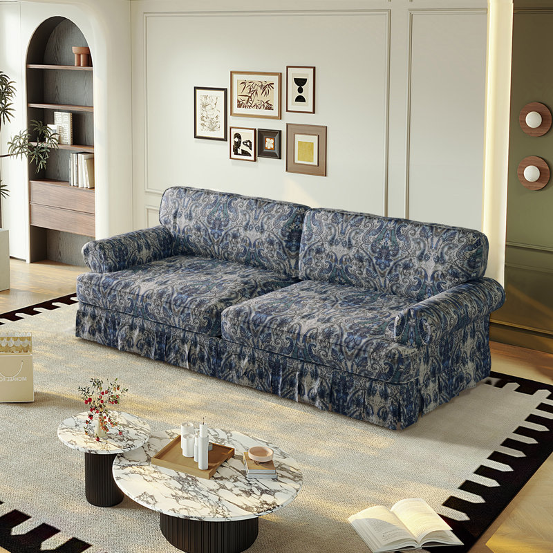 Canapé Mid-Century 3 places avec accoudoirs roulés élégants et jupe plissée Rylith, Motif floral bleu, 3