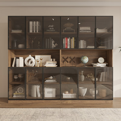 Bibliothèque l 94,5 po avec portes en verre, cabine de présentation avec lumières DEL