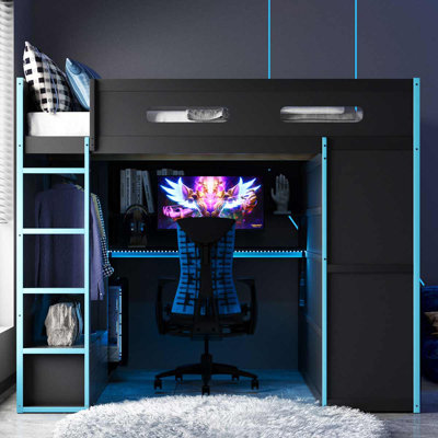 Full-Size Wooden Loft Bed Gamer-Inspired Design Loft Bed With Desk,Wardrob