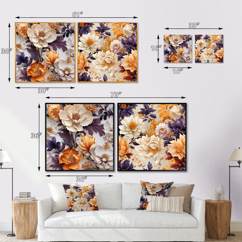 Janes - Ensemble de 2 collages carrés floraux, H 16 po x l 33 po, Cadre flottant noir