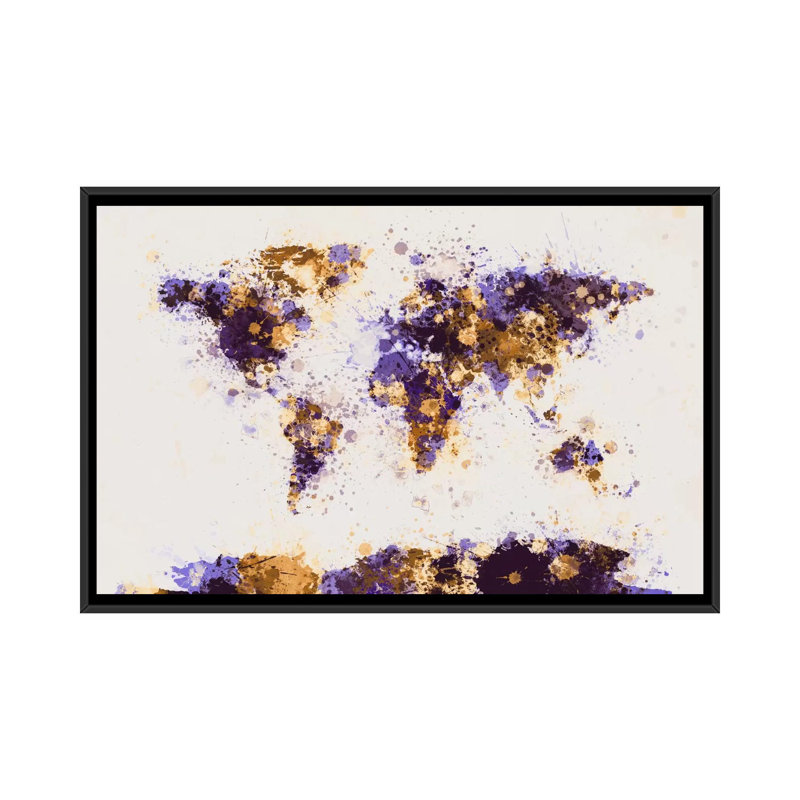 « paint splashs world map » par michael tompsett, impression sur toile, H 18 po x l 26 po x P 1,5 po, Toile avec cadre noir