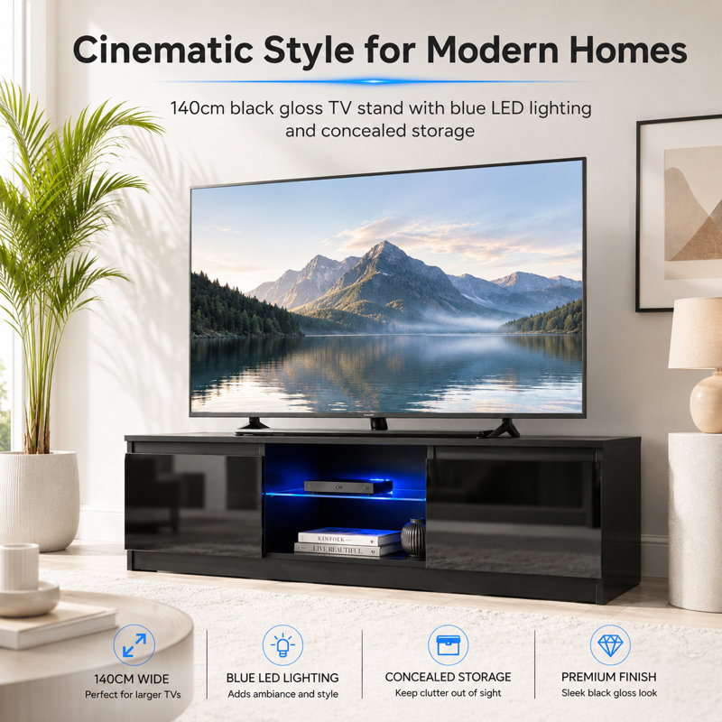 Amato TV Stand with Lights for TVs up to 65", Glossy Doors, Black
