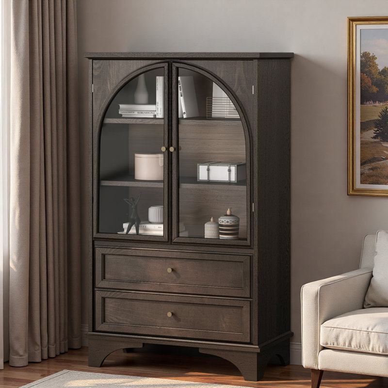 Glass Door Display Case Storage Cabinet With 2 Drawers And Adjustable Shelves, Brown