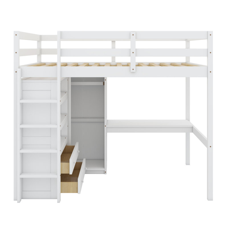 Lit mezzanine avec garde-robe intégré, bureau, tablettes de rangement et tiroirs, Blanc