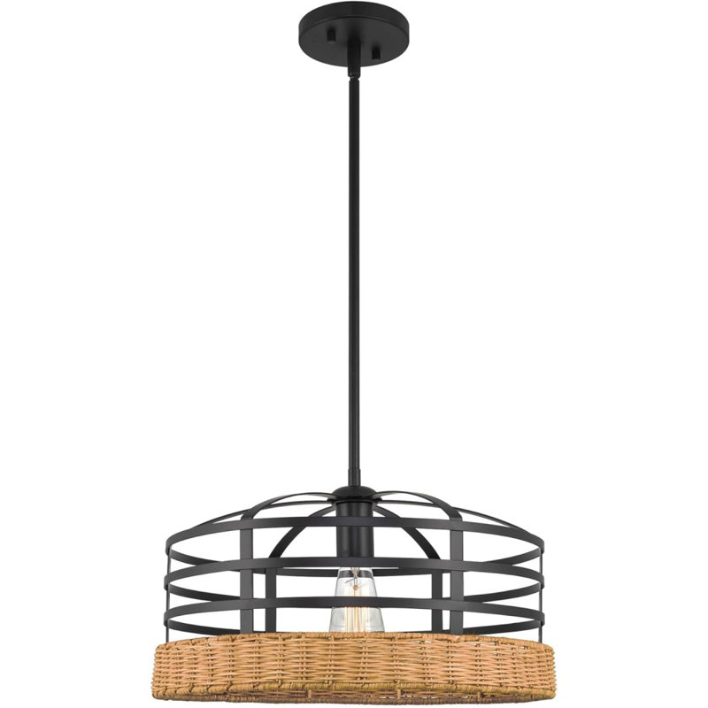 Lustre de ferme 16 po + abat-jour cage en fil de fer, accents en osier brun + finition noire, Noir / brun