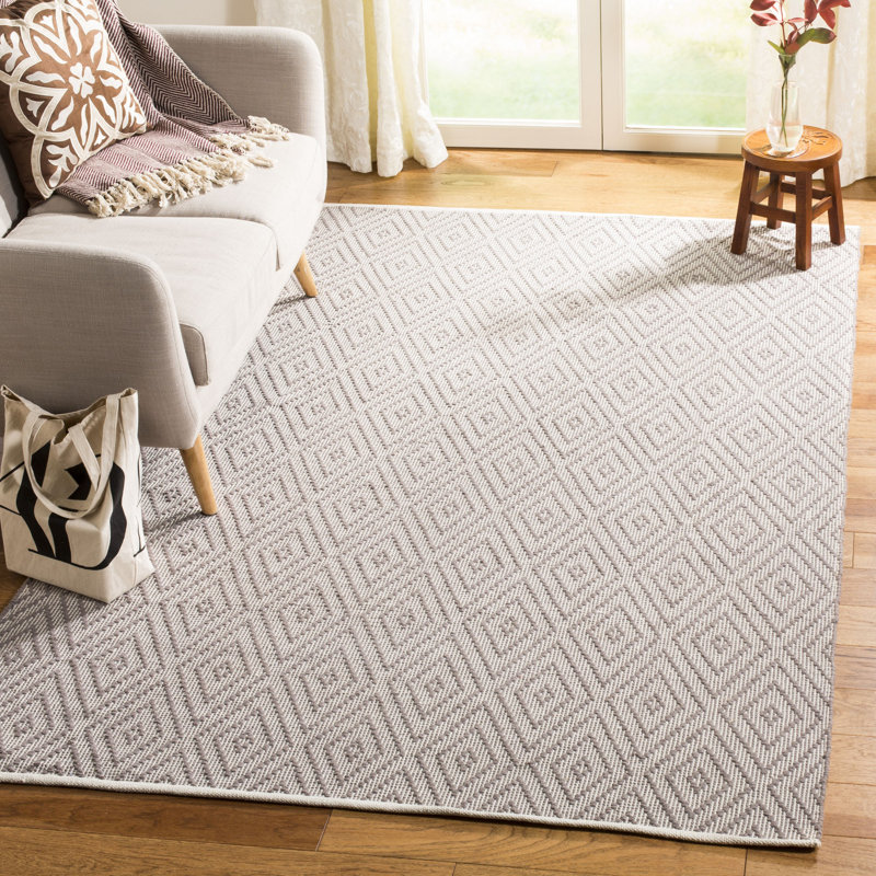 Tapis gris / ivoire en coton tissé à plat à la main Akihito, Rectangle 8 pi x 10 pi