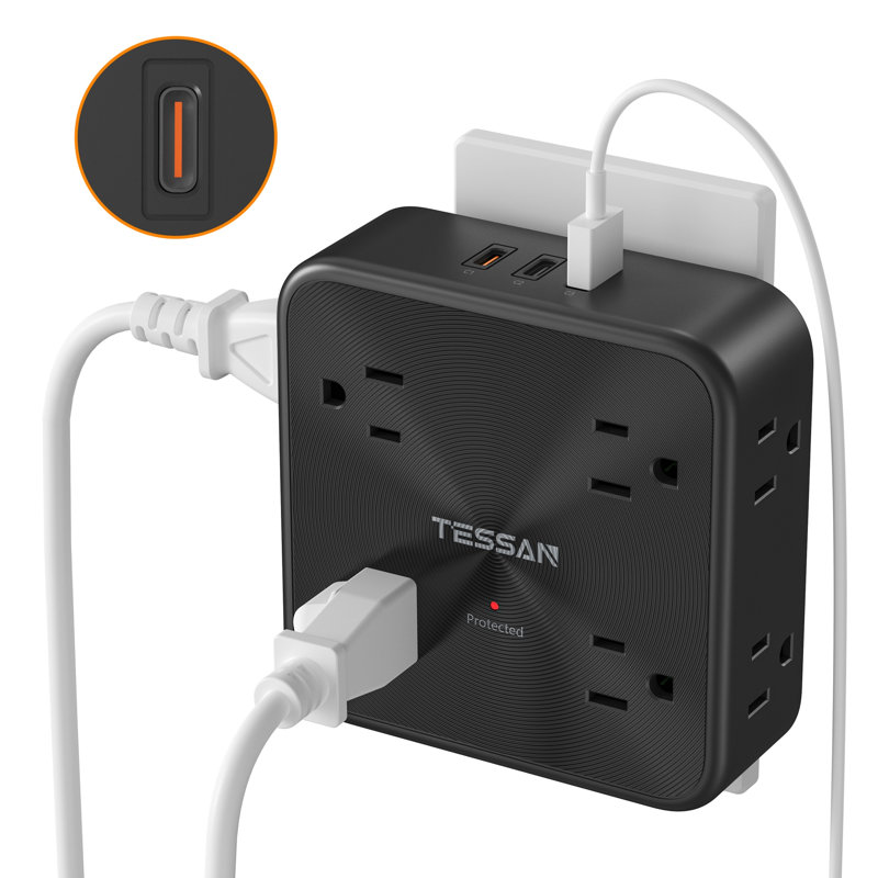 Protecteur de surtension mural à 8 prises avec rallonge et multiprise PD 20W avec 2 ports USB C et 1 port USB A