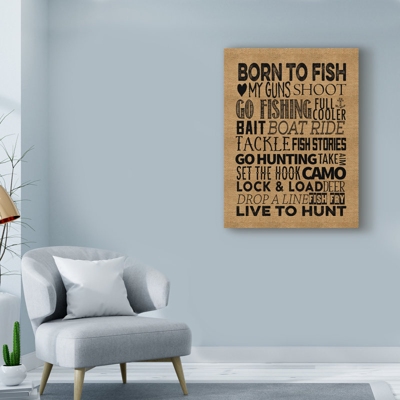 « pêche de la chasse en toile jute », art textuel sur toile tendue, H 19 po x l 14 po x P 2 po