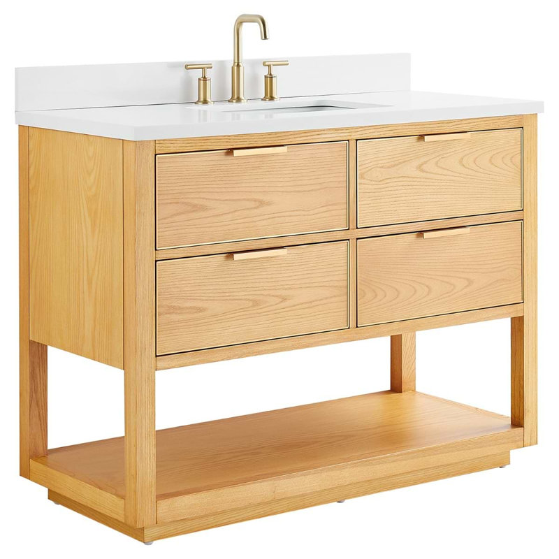 Meuble-lavabo à grain de bois 48 po Eryka avec comptoir en quartz blanc pur et cuve en céramique