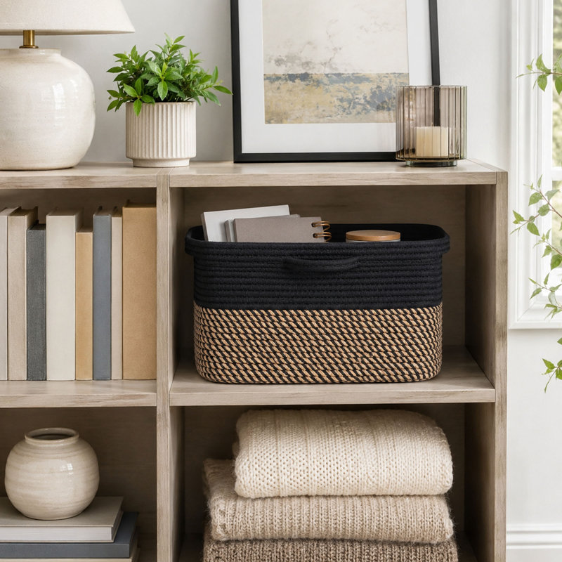 Panier de rangement en corde de coton noir avec poignée 13 po x 10 po