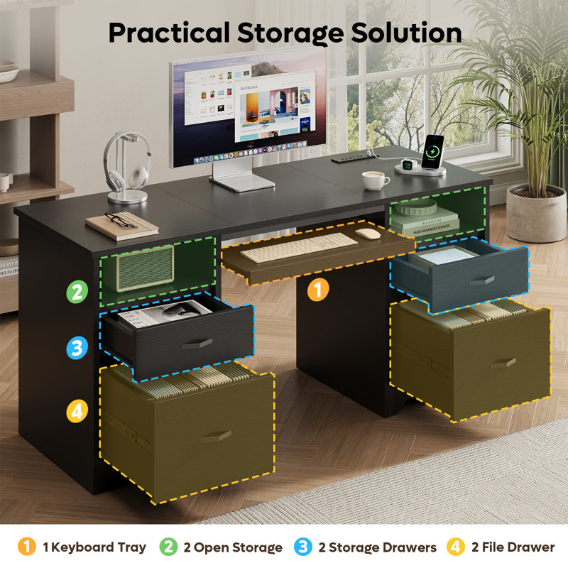 59" Symmetric Computer Desk with Power Outlet & Keyboard Tray, Office Desk with Ample Storage, Black
