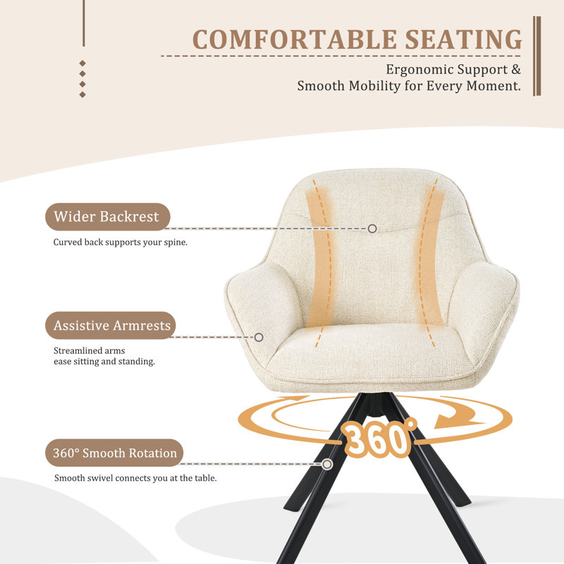 48.5cm H Swivel Upholstered Dining Chair with Ergonomic Back, Cream Chenille