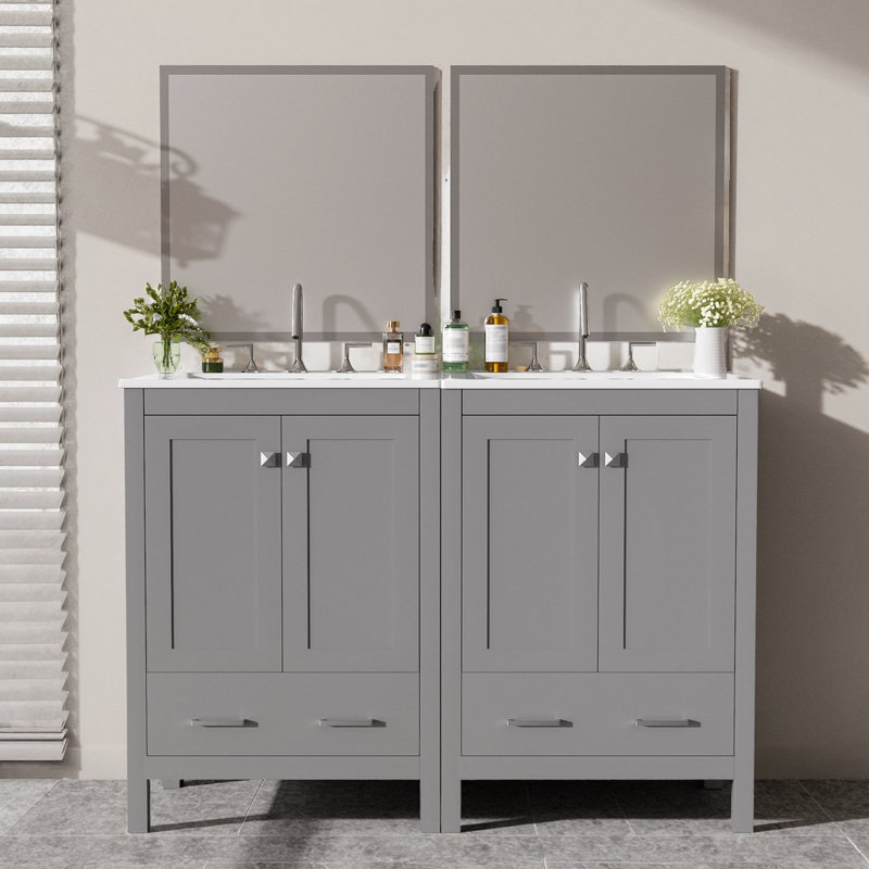 Meuble-lavabo gris 48 po avec deux lavabos en céramique, armoire de rangement et portes à fermeture en douceur, Gris