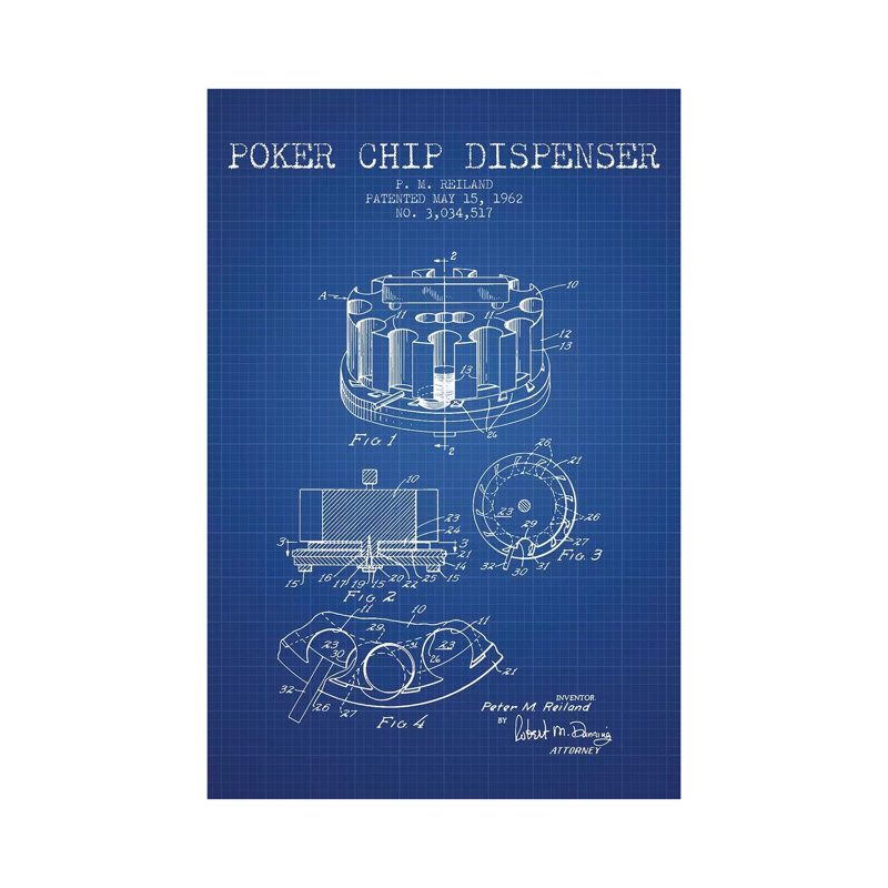 P.M. Reiland Poker Chip Dispenser Patent Sketch (Blue Grid) by Aged Pixel - Wrapped Canvas Print, 20.32 cm H x 30.48 cm W