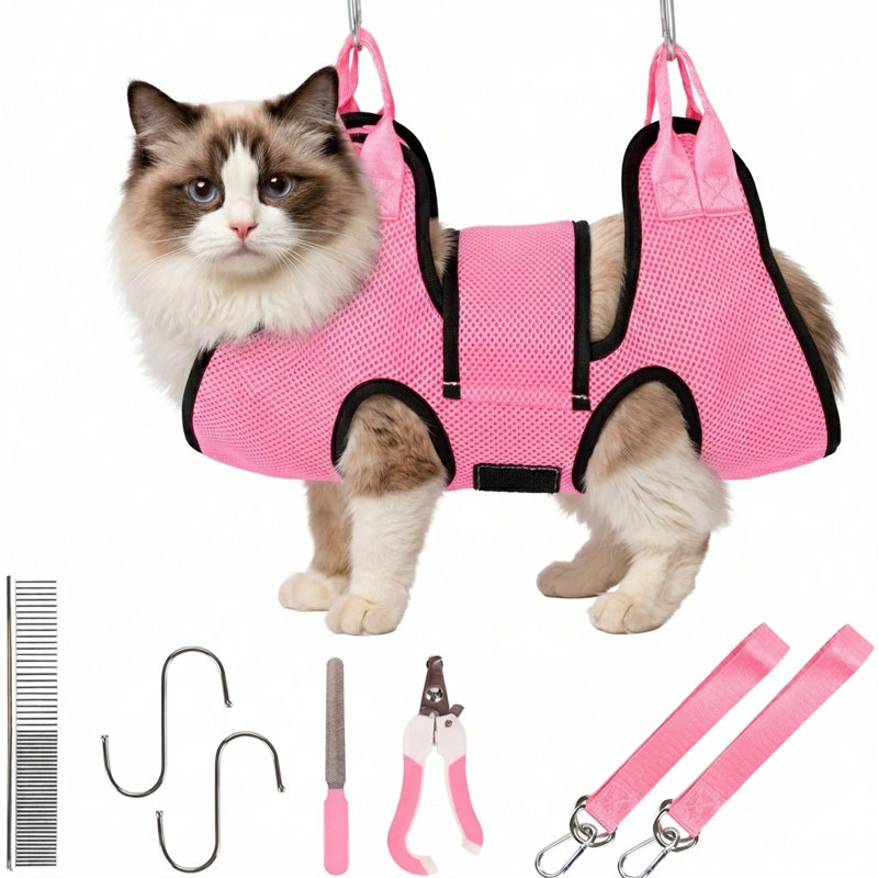 Harnais de toilettage pour chat L-Pink avec tondeuse à clou pour animaux, sac de retenue pour hamac pour chiens et chats