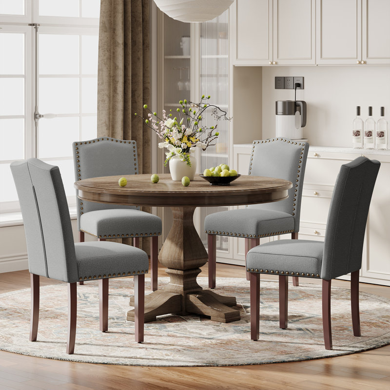 Modern Soft Linen Fabric 6'' Thickened Upholstered Dining Chair  with Solid Wood Legs, Nailhead Trim, Ergonomic High Back