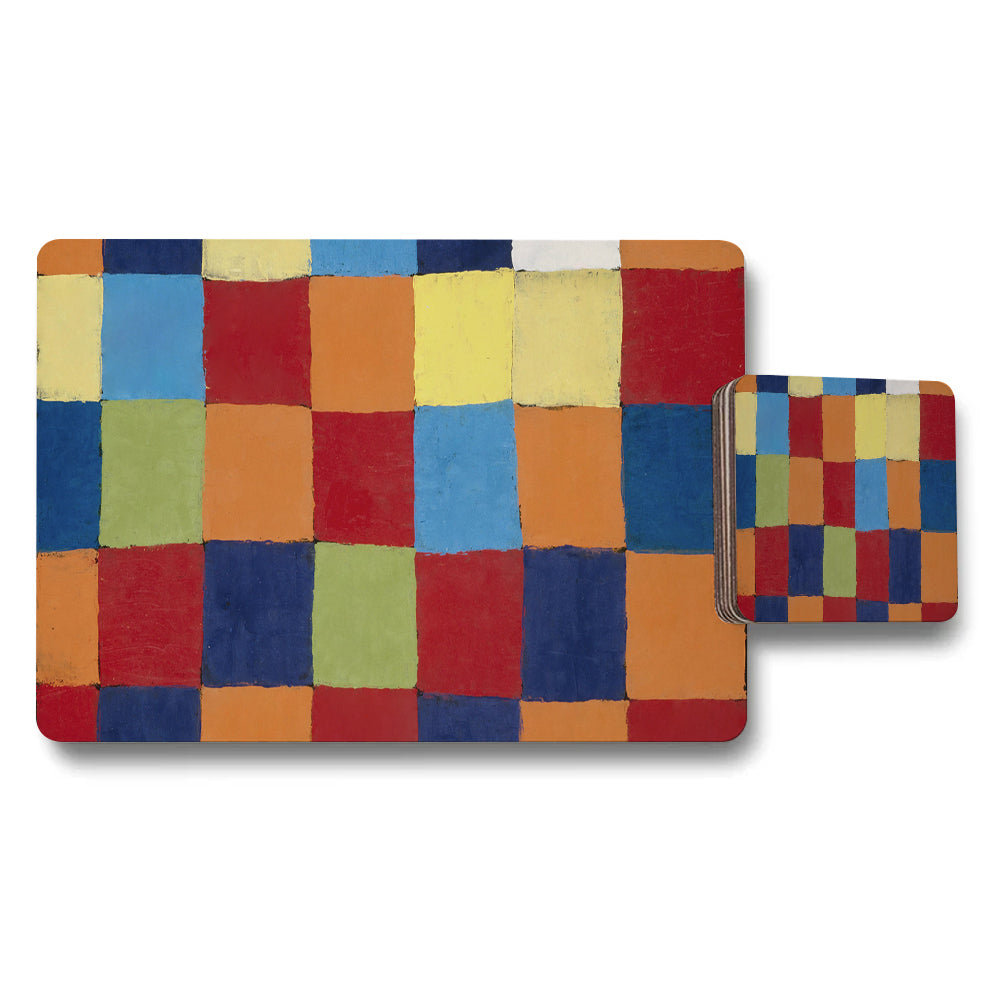 Colorful Checkered Placemat And Coaster Set With Abstract Art Pattern
