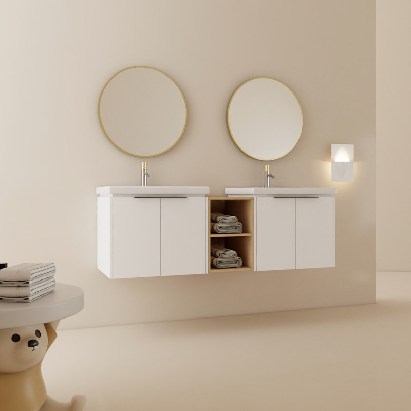 Meuble-lavabo de salle de bain 60 po avec double vasque et armoire en céramique