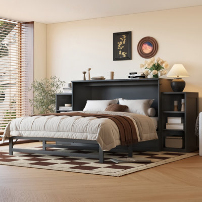 Grand lit escamotable avec tiroirs et tablettes de rangement spacieux. Idéal pour les chambres d'amis ou les chambres compactes. Gris foncé rétro