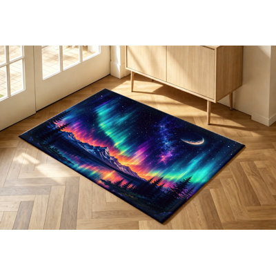 Northern Lights Aurora Print Machine Washable Area Rug with Non‑Slip Backing, Cosmic Night Sky Mountains and Trees Design Pattern Floor Carpet, Cozy Indoor Home Decor for Living Room, Bedroom, Dormitory, Balcony, Apartment