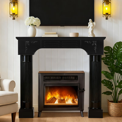 Black Fireplace Mantel, Rustic Freestanding Surround Mantel For Fireplace With Decorative Pattern, Wooden Mantle With Leg For Living Room, Anti-Tipping & Waterproof, 43.27" W X 39.67" H