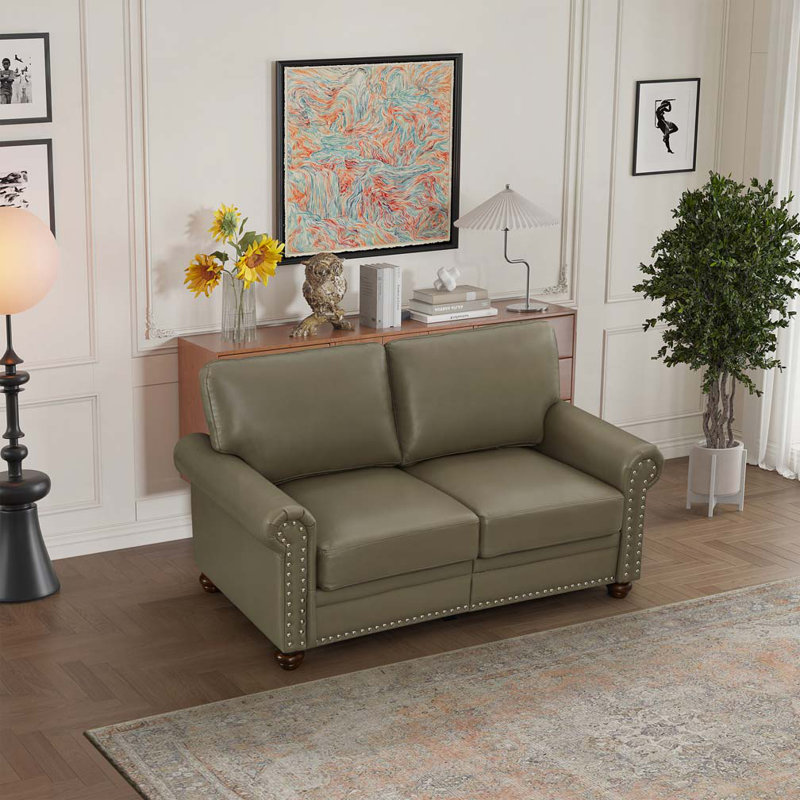 Classic Living Room Nails Sofa Faux Leather, Green , 34.5" H x 59.45" W x 31.89" D