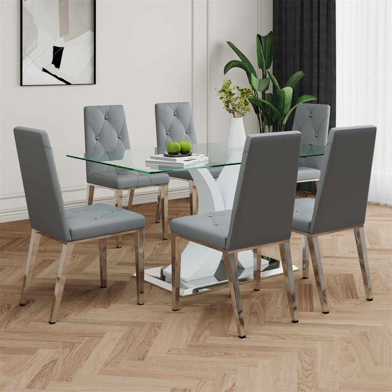 Ensemble de table de salle à manger en verre de style moderne avec base de support durable et chaises de salle à manger galvanisées grises, idéal pour les cuisines de restaurant