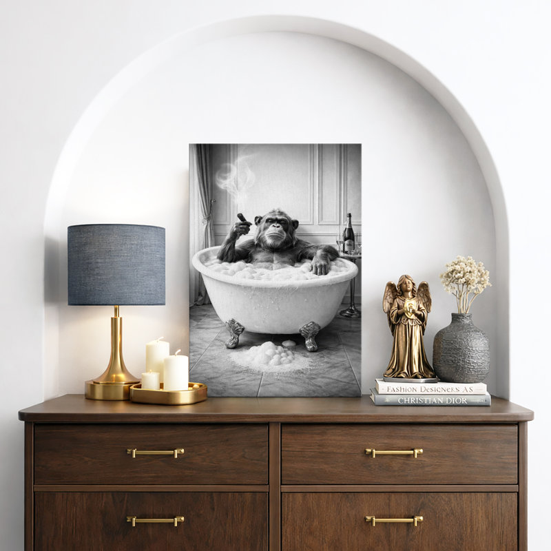«Relaxed Monkey Bath Tubing», art en noir et blanc, images de décoration murale de salle de bain amusante, impression sur toile encadrée, impression numérique