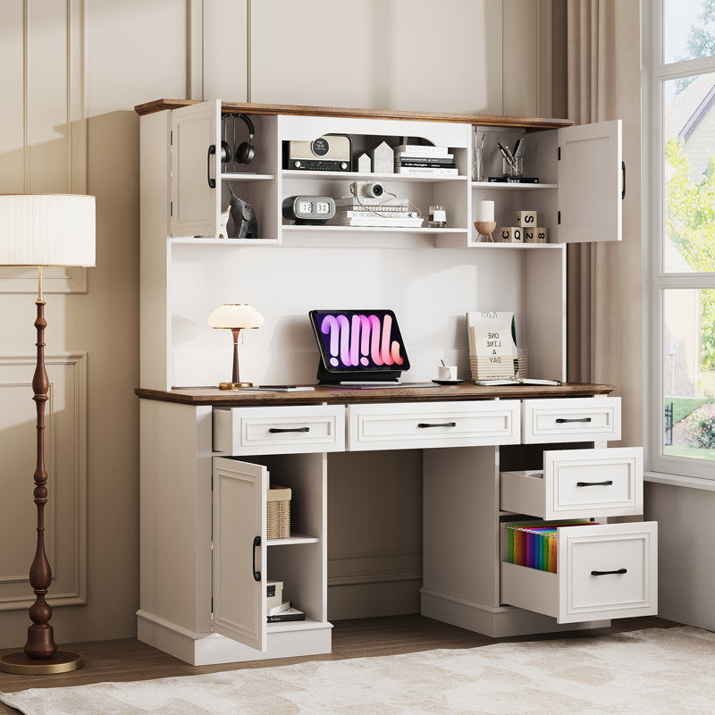 67" H Farmhouse Executive Desk With Hutch, Brown/White