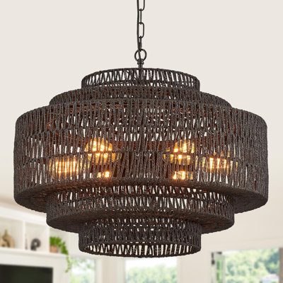 Hand-Woven Rattan Chandelier With Adjustable Chain, 6-Light Boho Vintage Fixture For Living Room, Dining Room, Bedroom, Kitchen Island, And Entryway