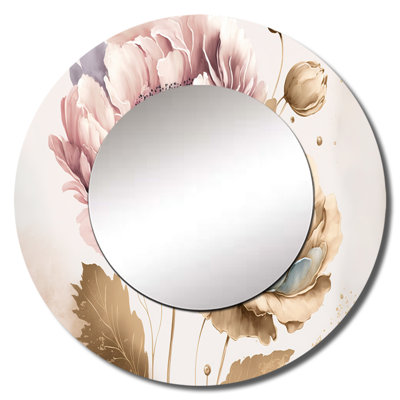 Slosberg Pink And Gold Poppy Flowers II - Poppy Decorative Wall Mirror, Pink Large Round Mirror, Printed Metal Art
