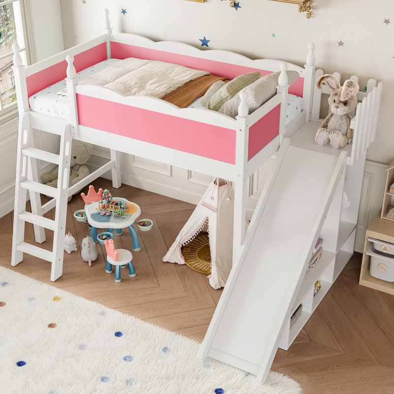 Full Loft Bed with Storage Shelves and Wardrobe, Solid Wood Loft Beds with Detachable Slide and Ladders, No Spring Box Needed, Pink and White