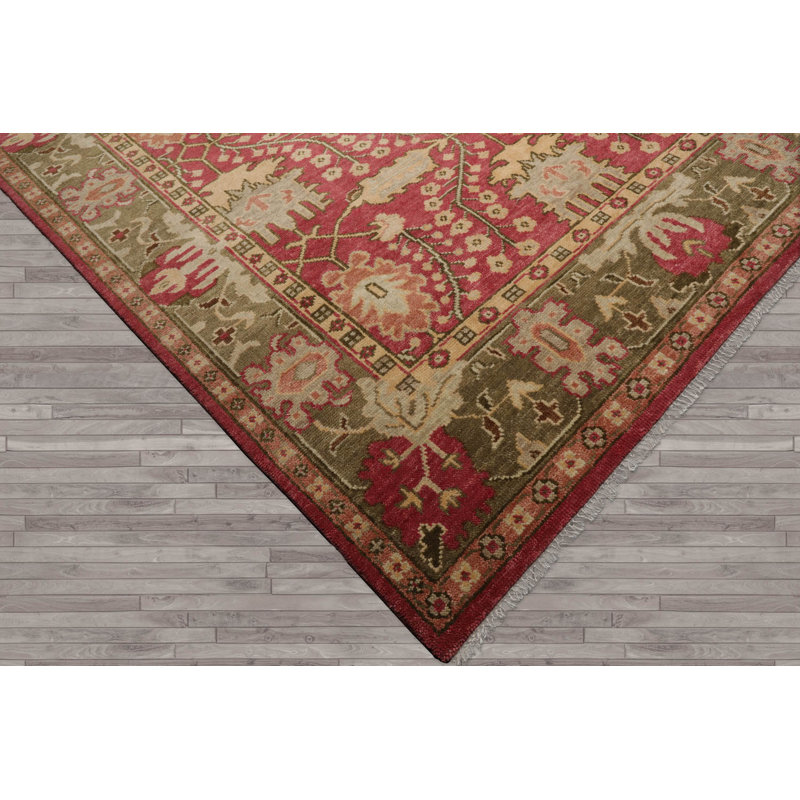 Wool Oriental Area Rug in Raspberry/Sage/Peach/Moss