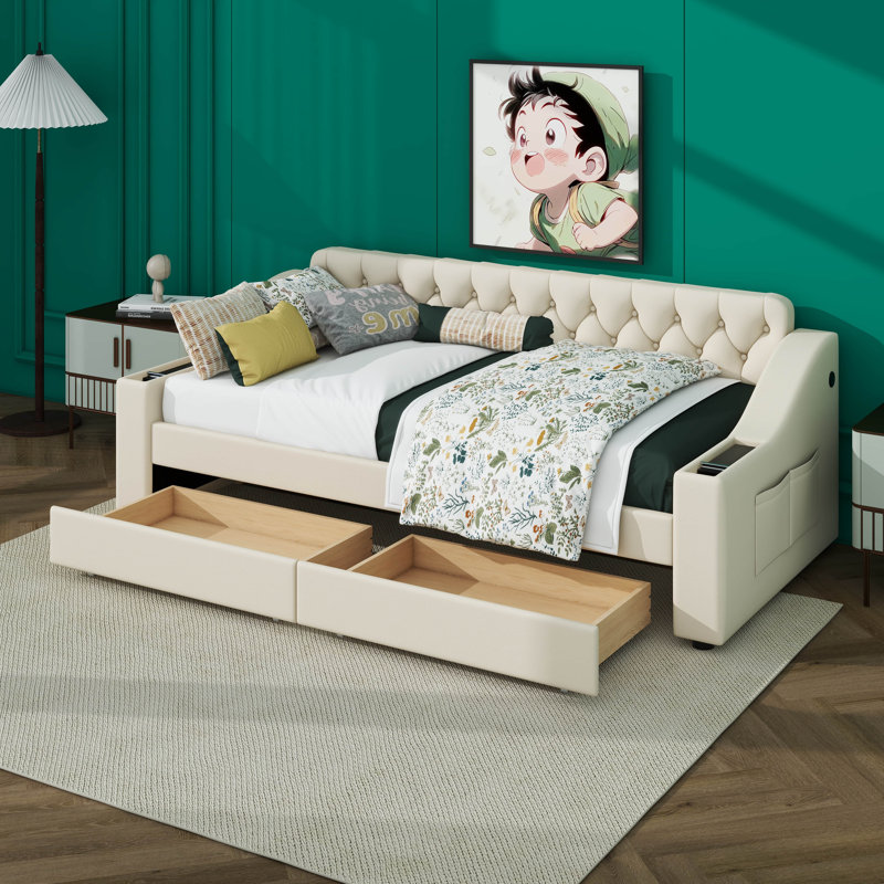 Twin Size Upholstered Daybed With Storage Armrests And USB Port, Beige