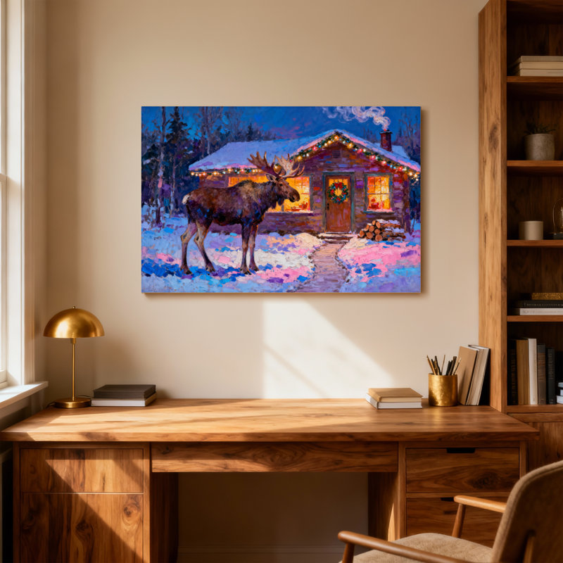 Orignal de Noël debout devant une cabane confortable avec des lumières de Noël, H 16 po x l 24 po